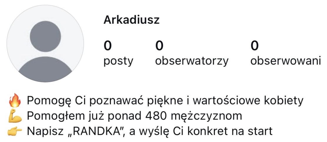 Konto Arkadiusza na Instagramie na starcie - zero postów i zero obserwujących